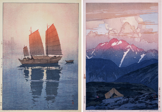 《瀬戸内海集 帆船 朝》　大正15（1926）年　木版　個人蔵（左）《日本アルプス十二題 劔山の朝》　大正15（1926）年　木版　個人蔵（右）