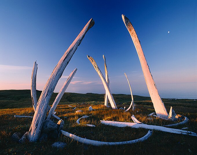 クジラの骨の遺跡とベーリング海に浮かぶ半月（ロシア、チュコト半島）撮影：星野道夫　© Naoko Hoshino