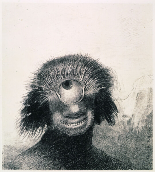 オディロン・ルドン《III. 不恰好なポリープは薄笑いを浮かべた醜い一つ目　巨人のように岸辺を漂っていた》『起源』1883年 リトグラフ/紙　岐阜県美術館蔵