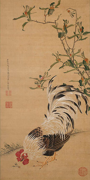 伊藤若冲　《梔子雄鶏図》　絹本着色　一幅　85.8×43.1cm　個人蔵