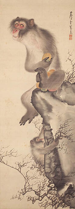 長沢芦雪　《猿猴弄柿図》　絹本着色　一幅　104.0×37.7cm　個人蔵