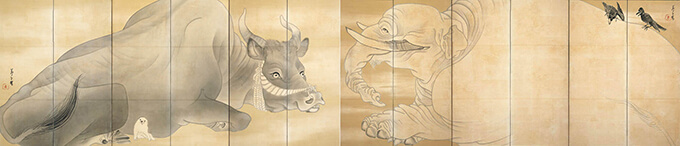 長沢芦雪　《白象黒牛図屏風》（左隻）　紙本墨画　六曲一双　各155.3×359.0cm　米国・エツコ＆ジョー・プライスコレクション