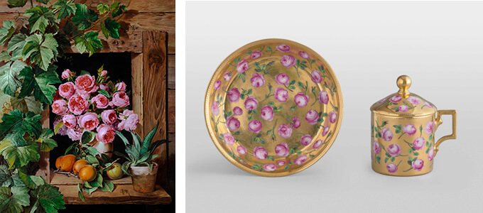 （左）フェルディナント・キュス《バラとアンズのある静物》1826-1850年、油彩・キャンヴァス
（右）ウィーン窯・帝国磁器製作所ゾルゲンタール時代/フェルディナント・エーベンベルガー　《金地薔薇文カップと受皿》1798年頃、硬質磁器