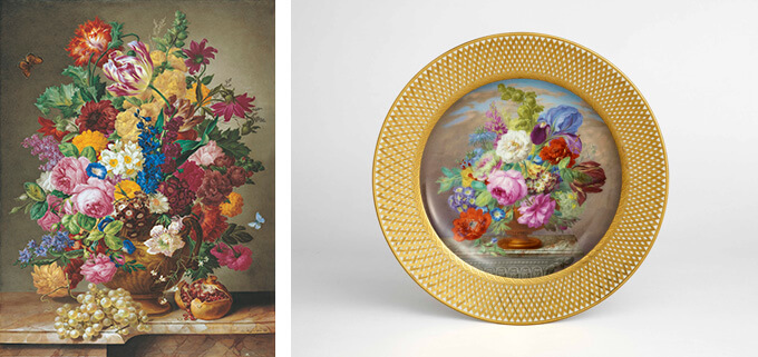 （左）ウィーン窯・帝国磁器製作所/ 絵付け：ヨーゼフ・ニッグ《白ブドウのある花の静物》
1838年、硬質磁器（右）ウィーン帝立磁器製作所、ゾルゲンタール時代《盛花格子文絵皿》1805年、硬質磁器、エナメルの上絵付、鍍金/レオポルト・パーマン（1783-1816）