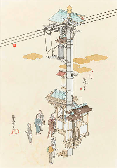 山口晃《演説電柱》 平成24年（2012）　ペン、水彩、紙　個人蔵 　©️YAMAGUCHI Akira, Courtesy of Mizuma Art Gallery