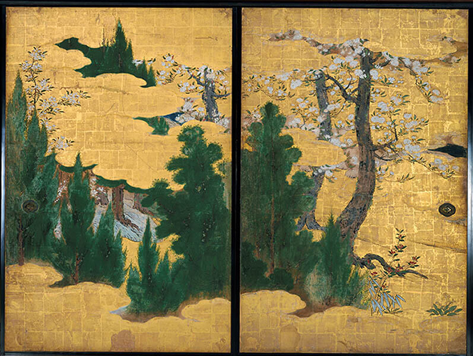 重要文化財《四季花木図襖》（右） 狩野光信筆 慶長5年（1600） 滋賀・園城寺